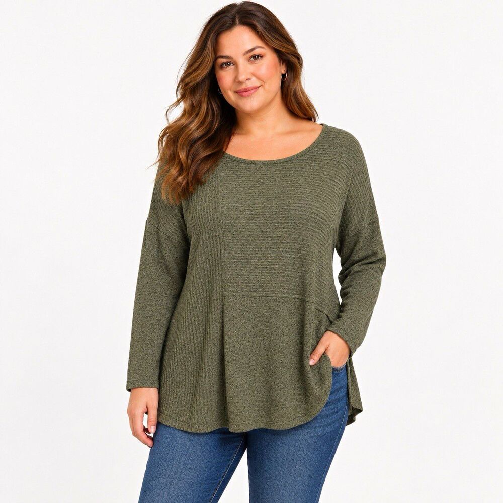 One Park Ave Women’s Plus 1X Green Rib-Knit Textured Scoop Neck Pullover